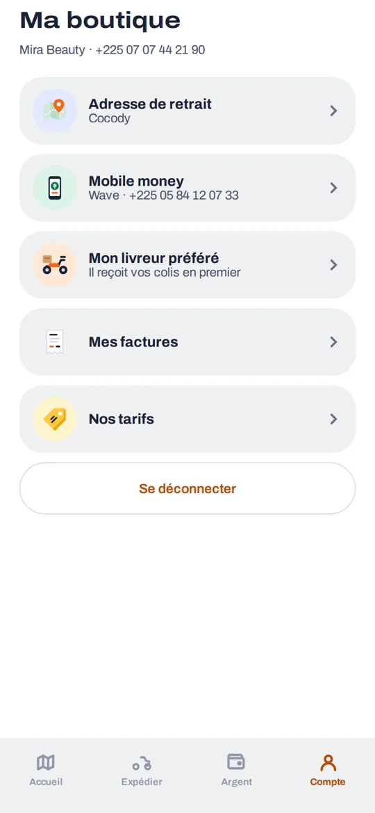 Compte boutique : adresse de retrait, mobile money, livreur préféré