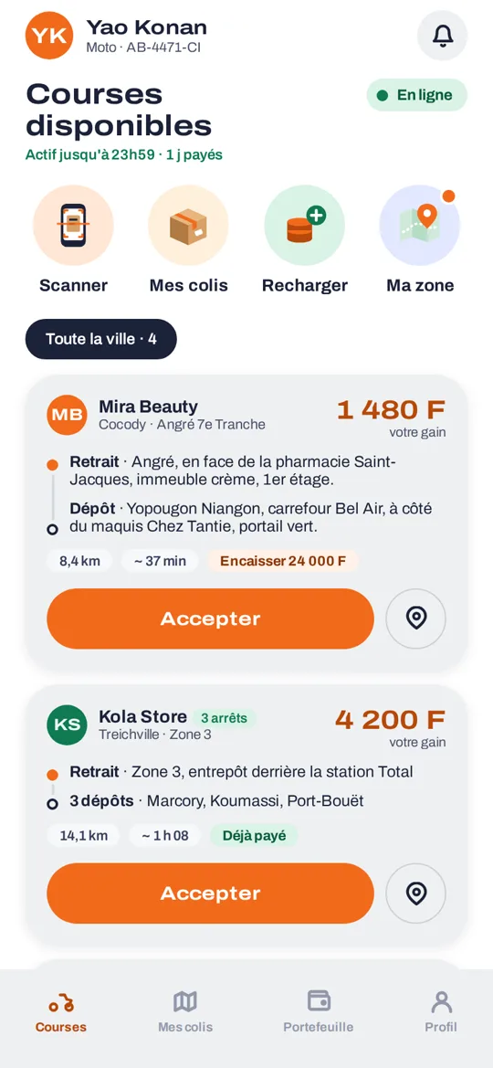 L'app Livré Driver : les courses disponibles, avec le prix pour le livreur