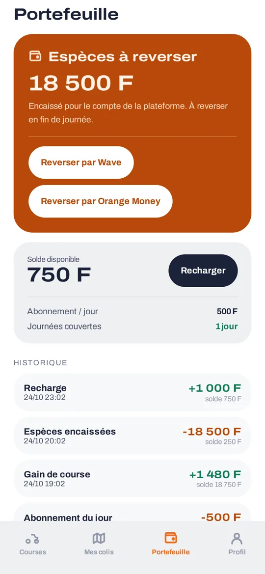Portefeuille du livreur : solde, recharge et historique